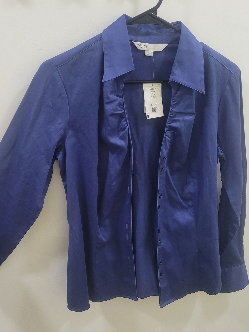 cleo Women's Royal Blue Satin-Trim Button Down Shirt Office Luxury Elegant NWT